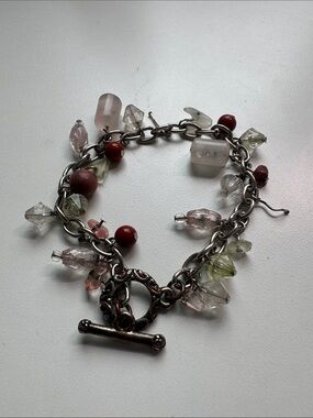 Silver-Tone Charm Bracelet with Pink, Green & Red Beads